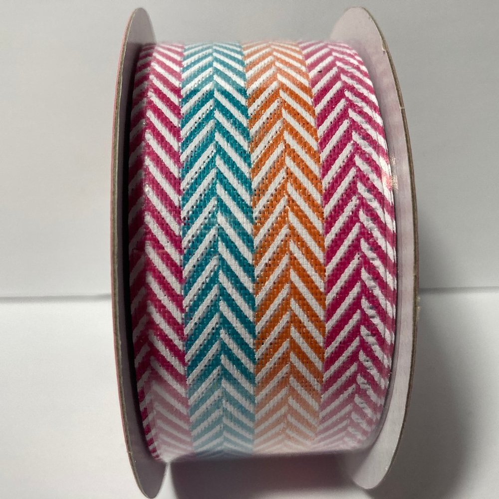 3 Rolls Wired Ribbon 1.5" Chevron Pink Orange Blue